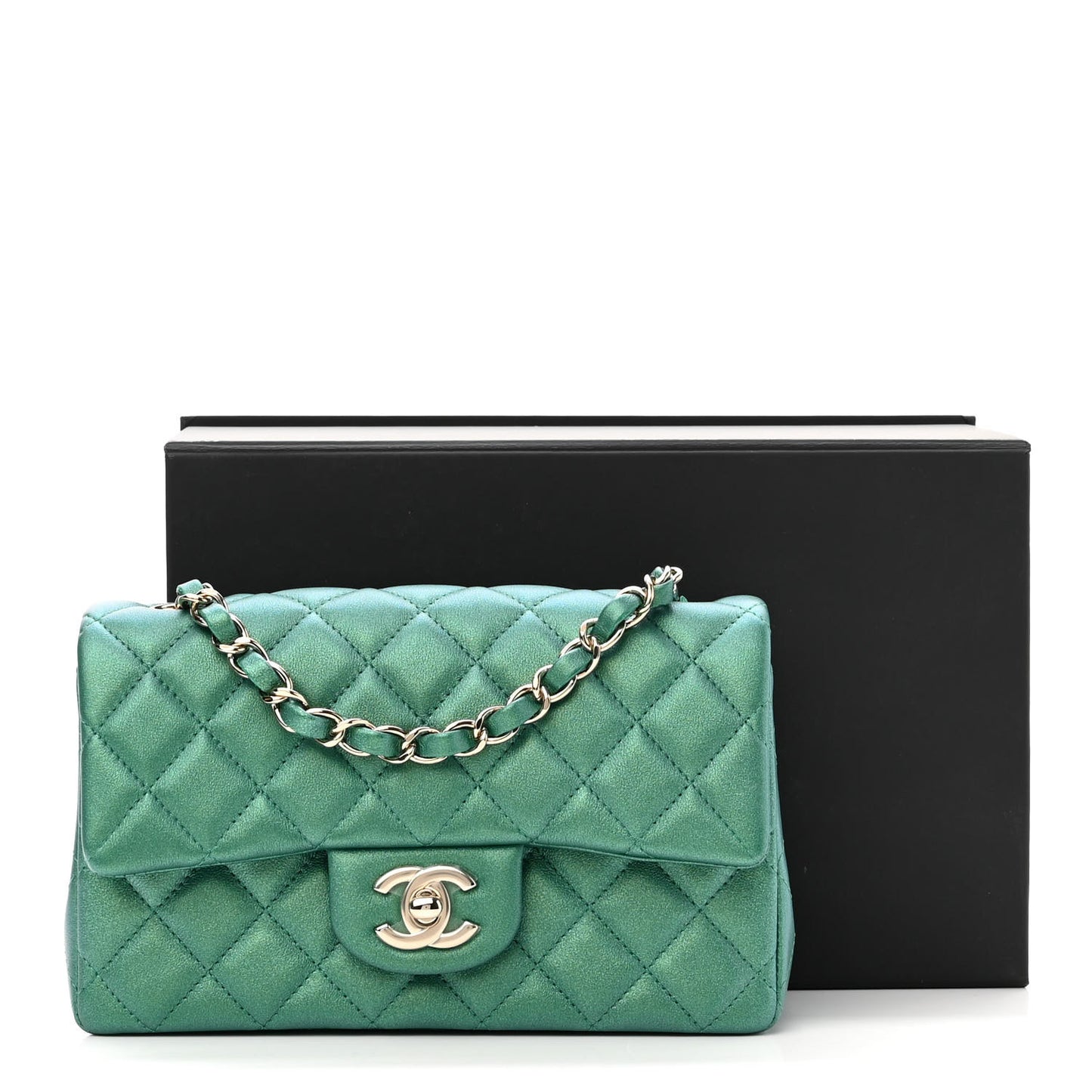 Iridescent Calfskin Quilted Mini Rectangular Flap Green