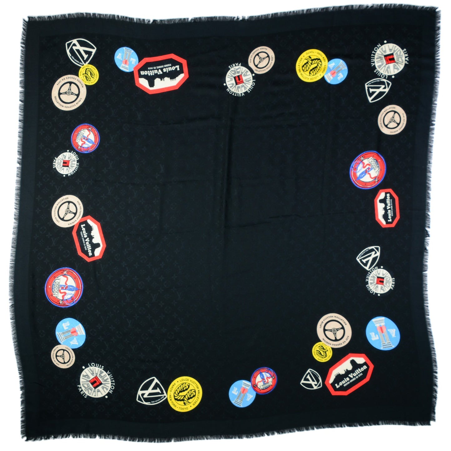 Silk Wool Monogram World Tour Shawl Black