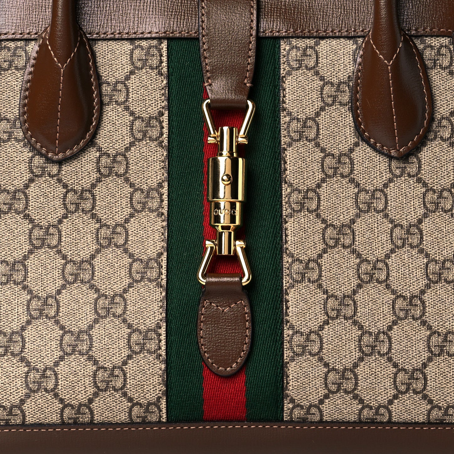 GG Supreme Monogram Azalea Calfskin Web Medium Jackie 1961 Tote Beige Ebony Brown Sugar
