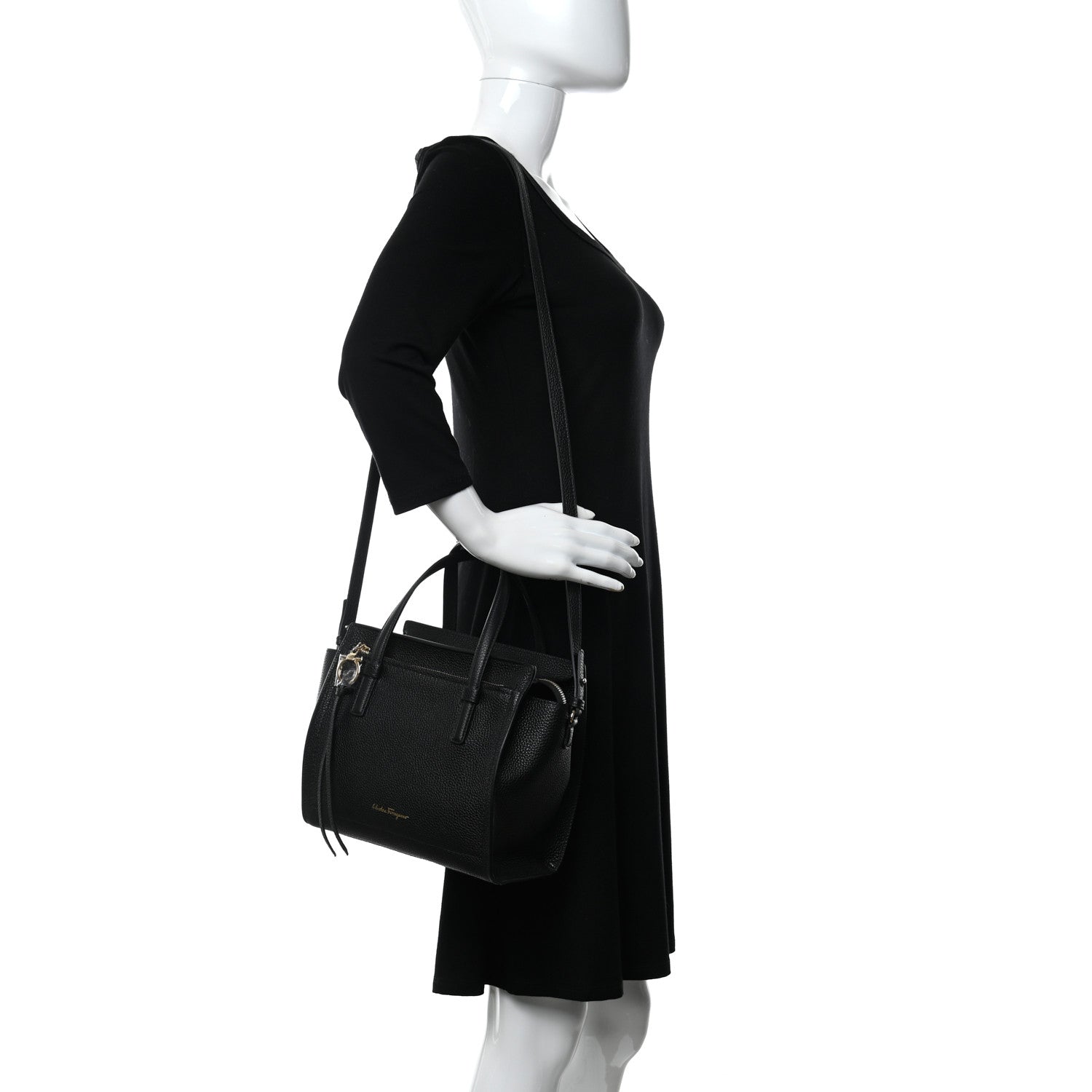 Salvatore Ferragamo Hammered Calfskin Double Handle Small Amy Tote Black 2 of 10