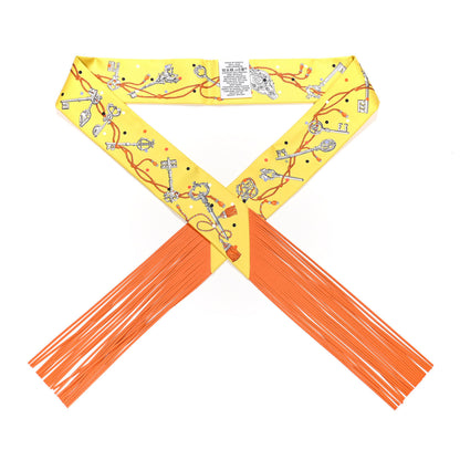 Hermes Silk Calfskin Les Cles A Pois Fringed Twilly Jaune Argent Orange Vif 1 of 4