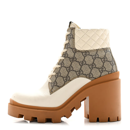 Gucci Calfskin GG Supreme Monogram Nappa Quilted Lace Up Ankle Boots 37 Mystic White Beige 1 of 18