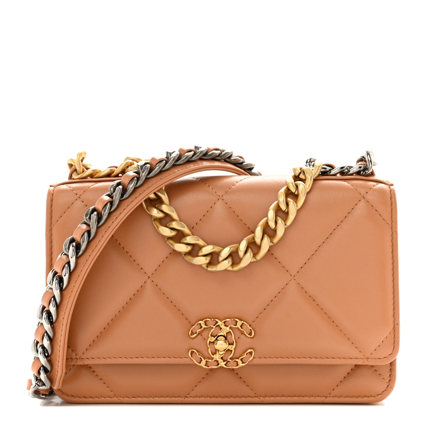 Lambskin Quilted Chanel 19 Wallet On Chain WOC Brown