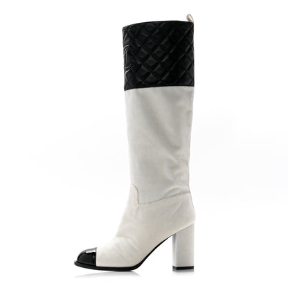 Chanel Velvet Lambskin Patent Cap Toe Quilted High Boots 38 White Black 1 of 10