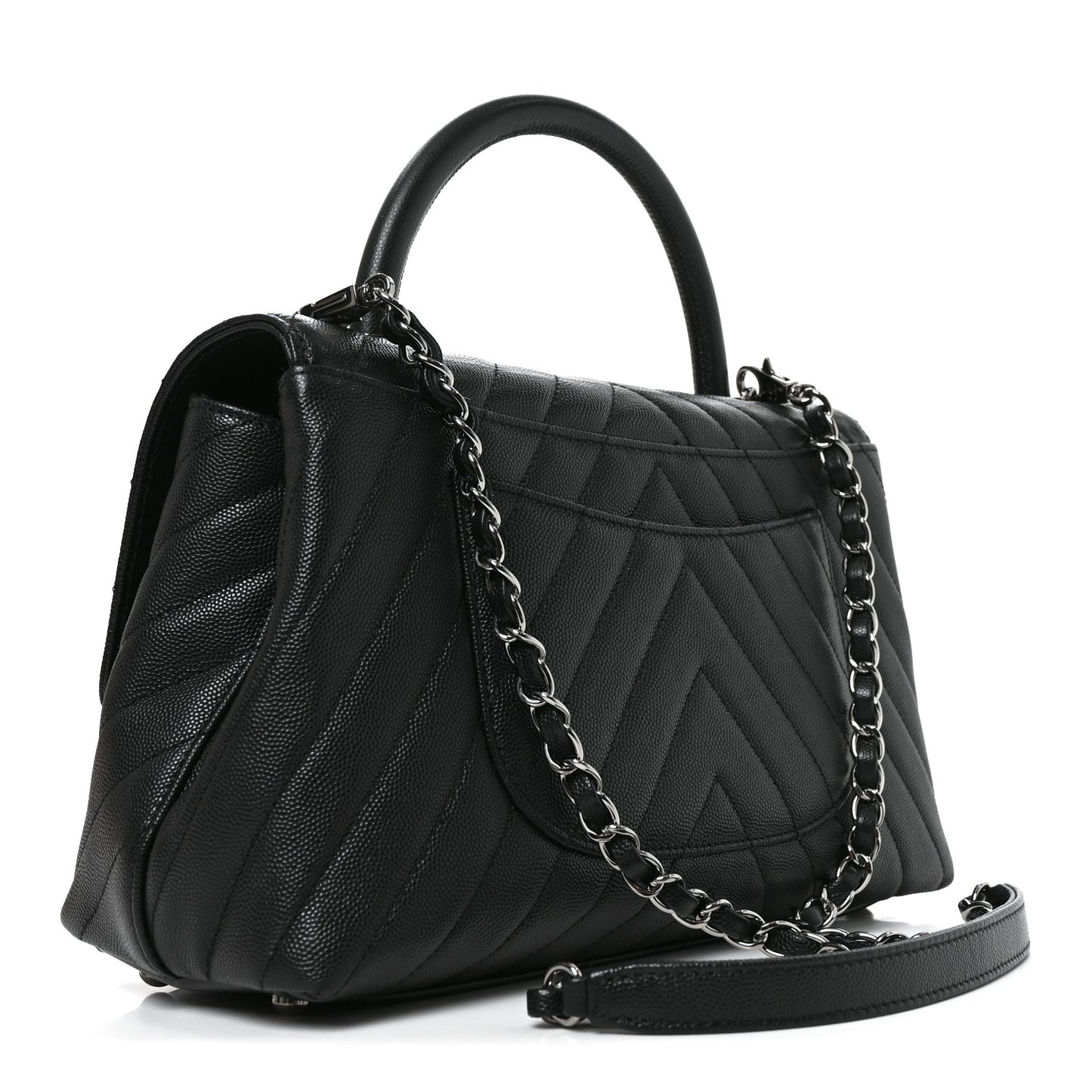 Caviar Chevron Quilted Small Coco Handle Flap Black