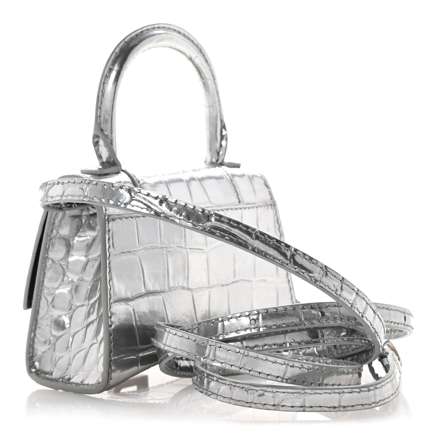 Balenciaga Metallic Calfskin Crocodile Embossed Hourglass Top Handle Bag Mini Silver 3 of 10