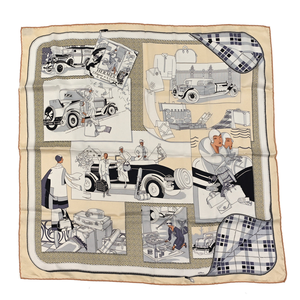 Hermes Silk Confort En Automobile Scarf 70 Creme White Black 1 of 3