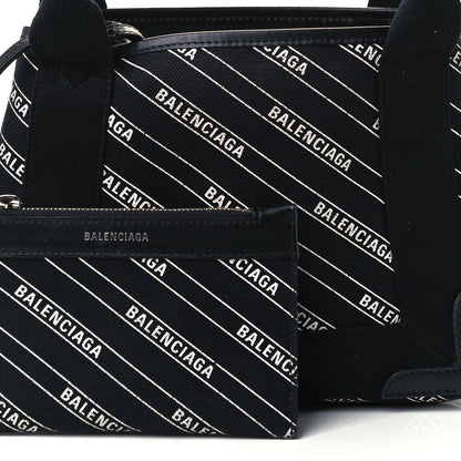 Balenciaga Cotton Canvas Calfskin Logo Print Navy Cabas XS Black White 9 of 11