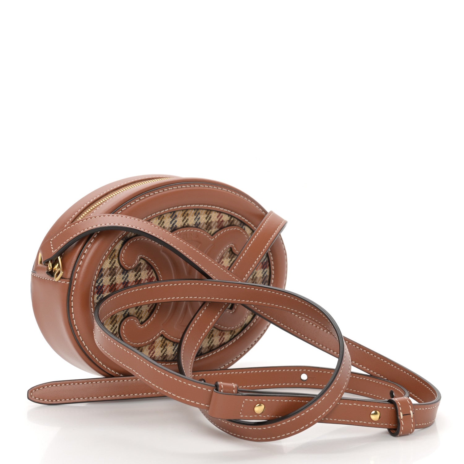 Celine Smooth Calfskin Houndstooth Cuir Small Triomphe Oval Purse Crossbody Tan 3 of 9