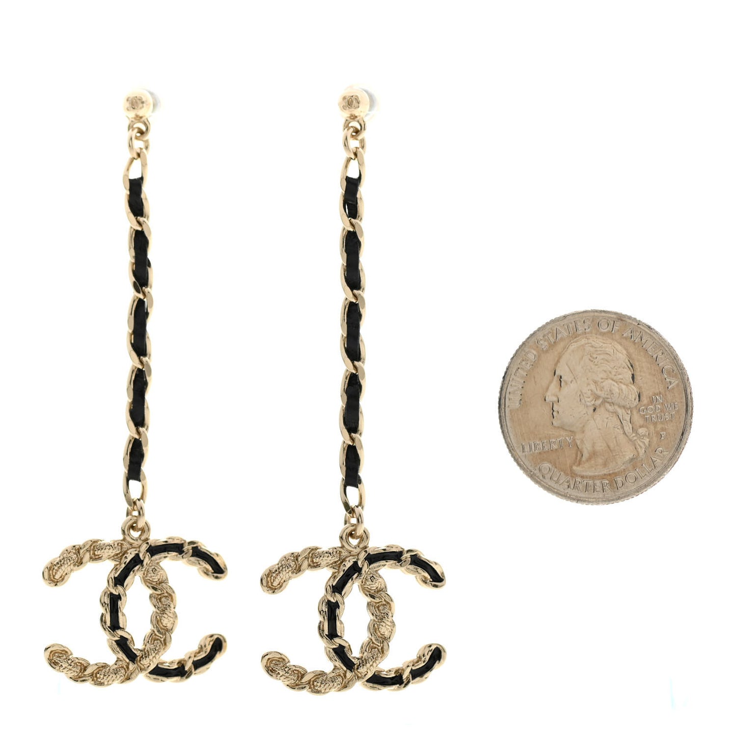 Lambskin Enamel Metal Chain French New Wave CC Drop Earrings Black Gold