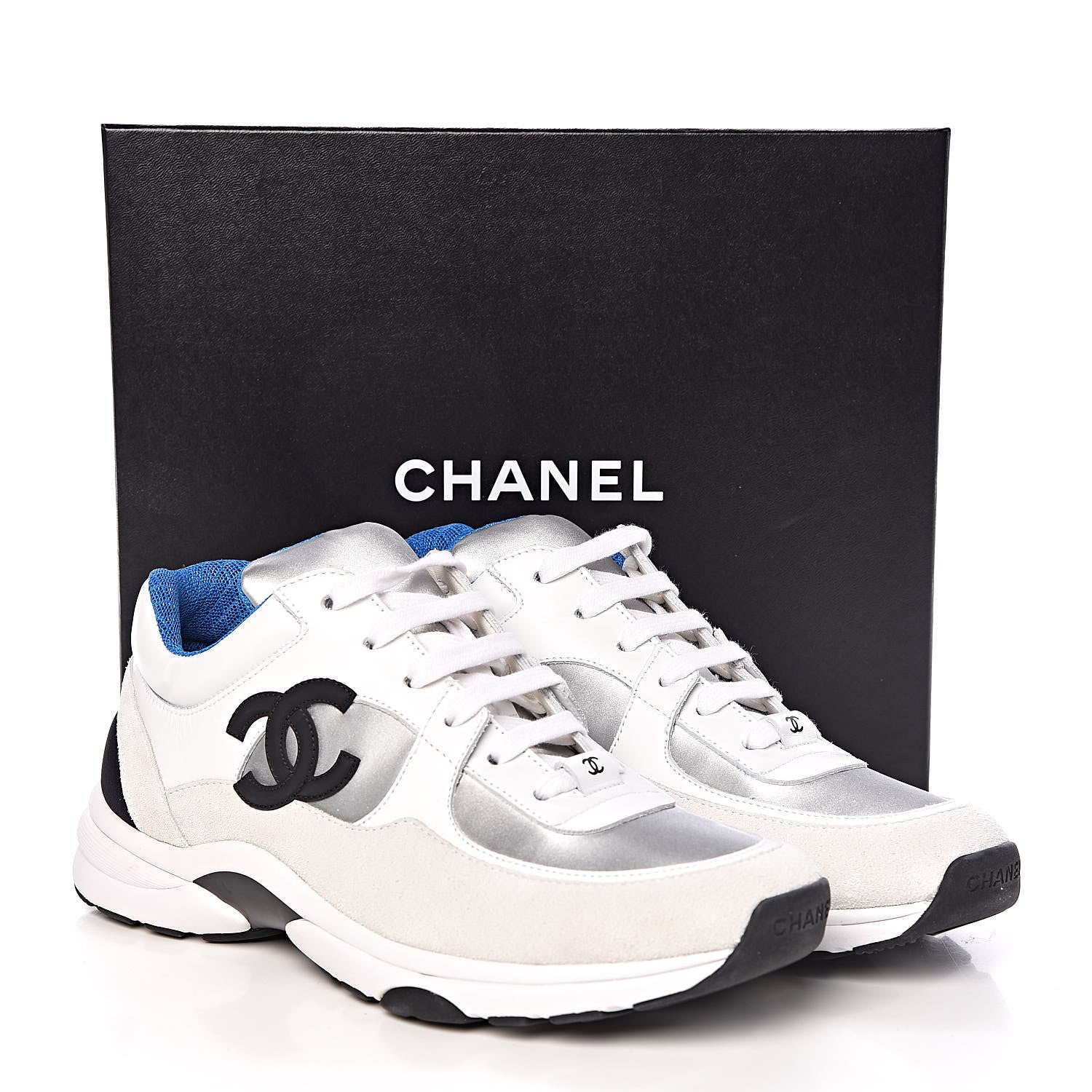 Chanel Suede Calfskin Womens CC Sneakers 39.5 White Silver Blue 9 of 9