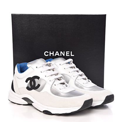 Chanel Suede Calfskin Womens CC Sneakers 39.5 White Silver Blue 9 of 9