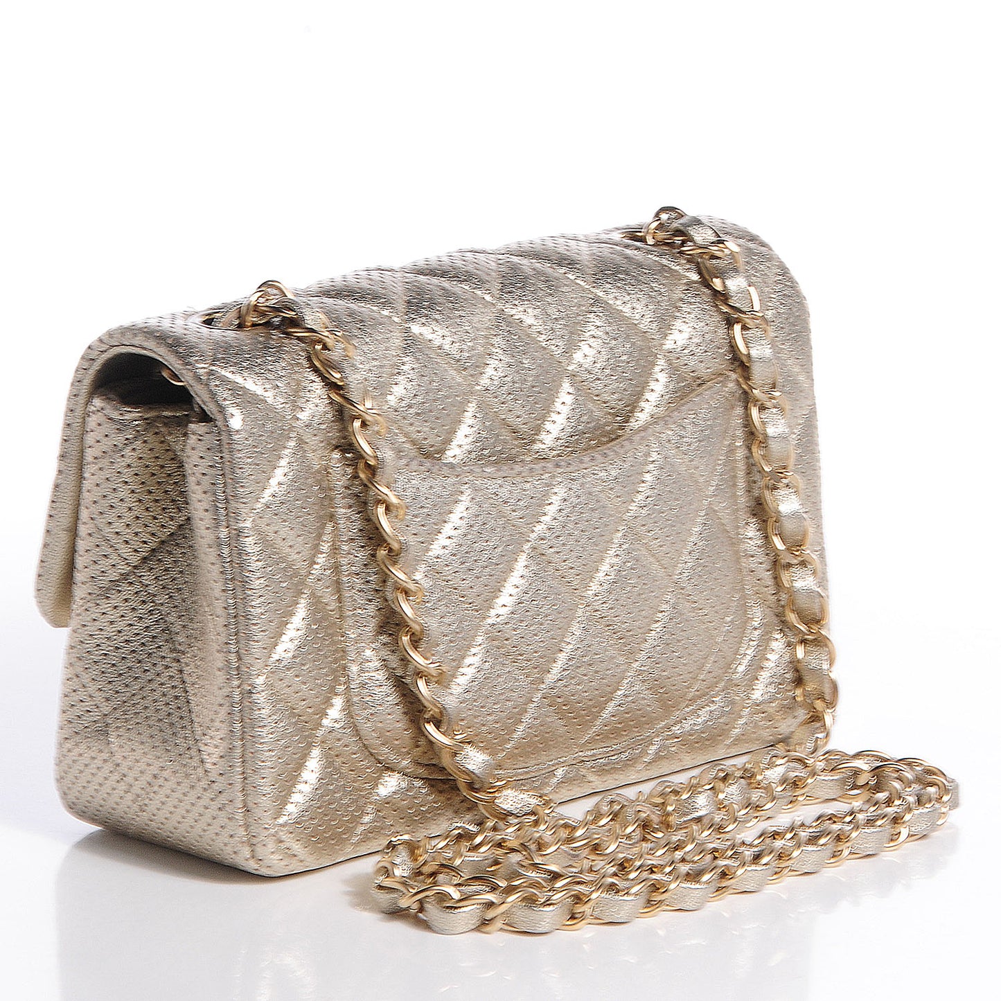 Metallic Lambskin Perforated Mini Rectangular Flap Light Gold