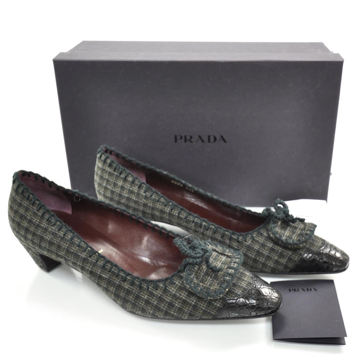 Prada Wool Calfskin Crocodile Embossed Plaid Kitten Heels 38.5 4 of 8