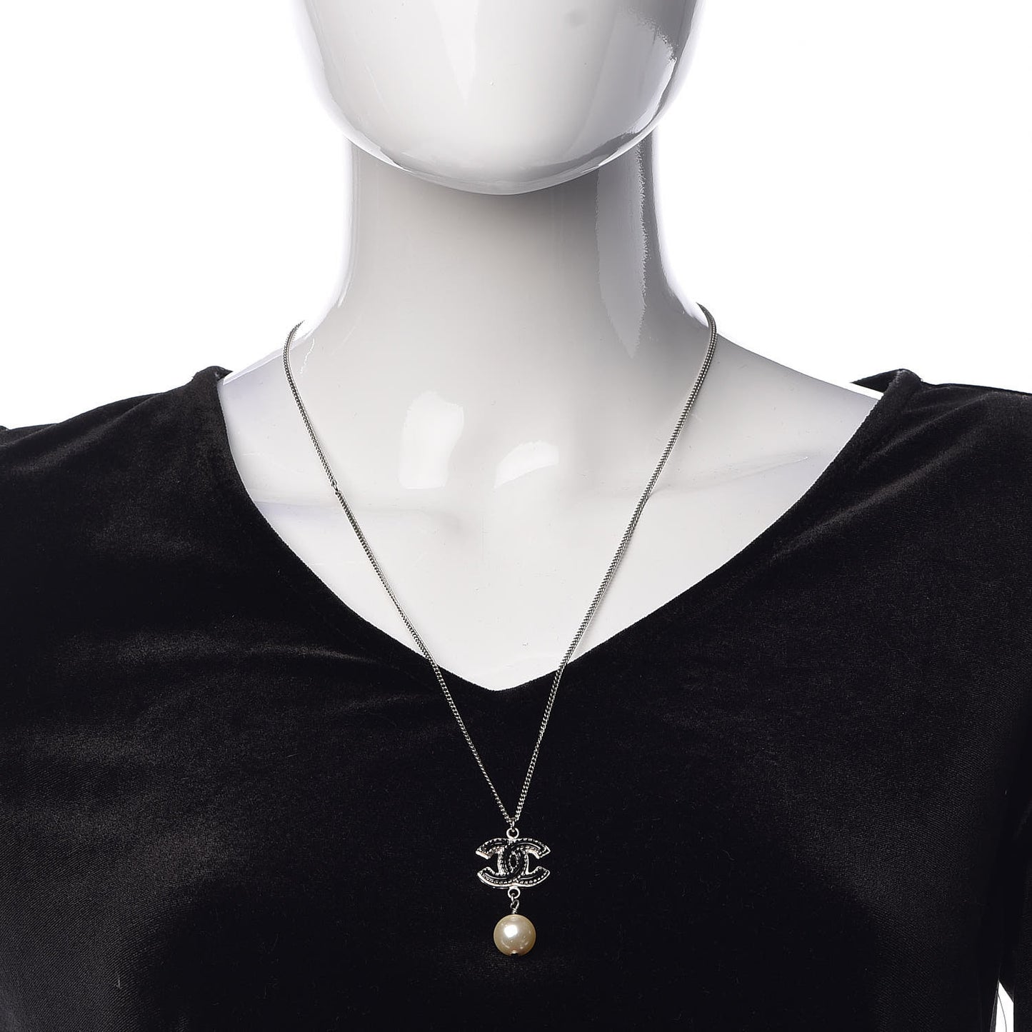 Enamel CC Pearl Drop Necklace Black Silver