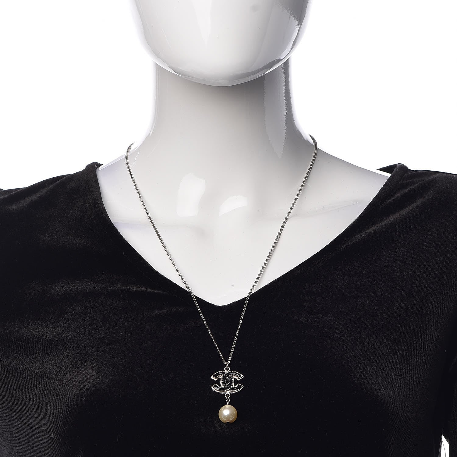 Chanel Enamel CC Pearl Drop Necklace Black Silver 2 of 5