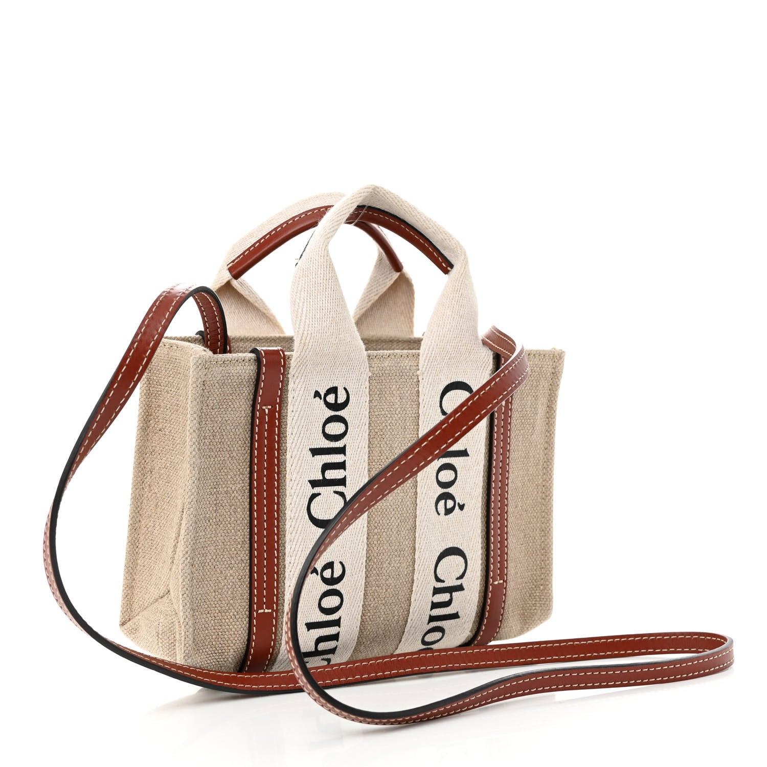 Chloe Cotton Calfskin Mini Woody Ribbon Tote White Brown 3 of 9