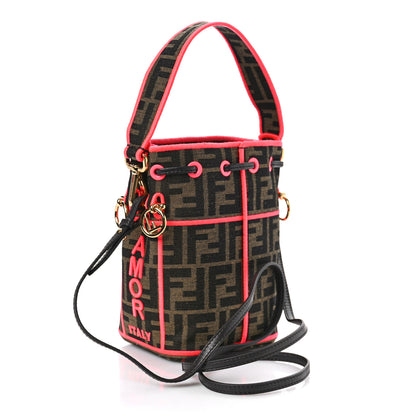 Fendi Fabric Jacquard Shiny Nappa FF 1974 Logo Threaded Edge Mini Mon Tresor Bucket Bag Tobacco Moro Fuxia Fluo 3 of 9