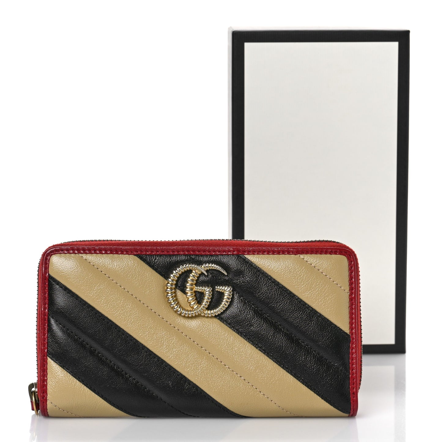 Azalea Calfskin Matelasse Diagonal Patchwork Torchon GG Marmont Zip Around Wallet Black Beige Romantic Cerise