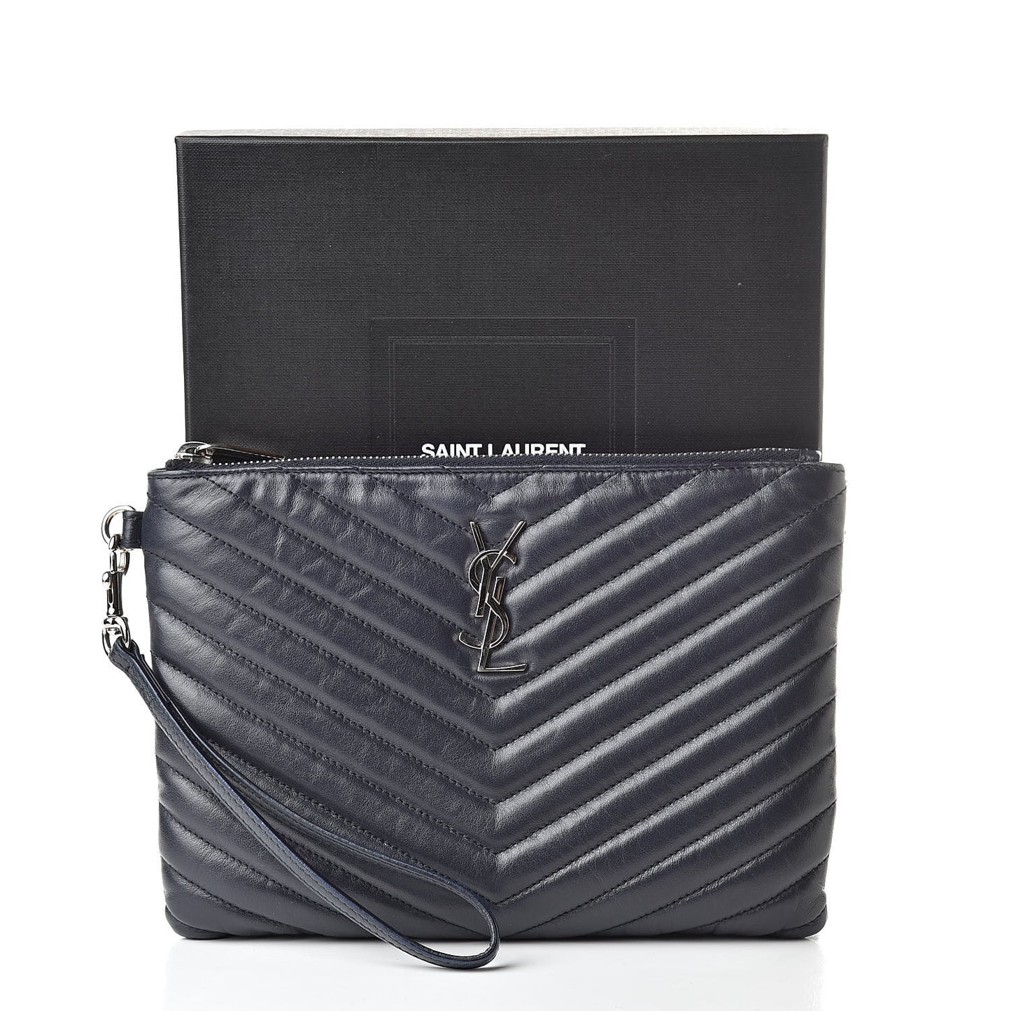 Calfskin Matelasse Chevron Monogram A5 Wristlet Deep Marine