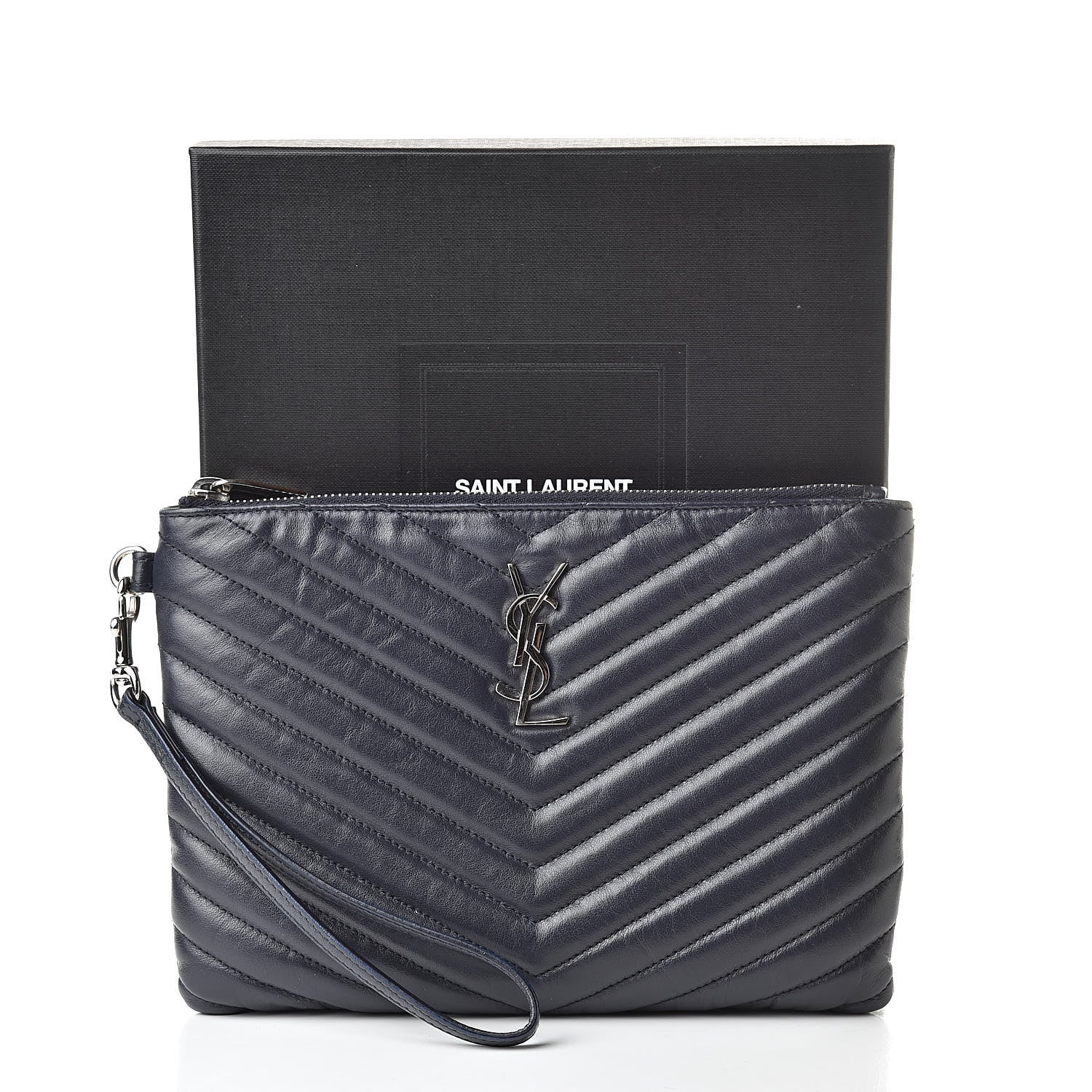 Saint Laurent Calfskin Matelasse Chevron Monogram A5 Wristlet Deep Marine 8 of 8