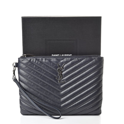 Saint Laurent Calfskin Matelasse Chevron Monogram A5 Wristlet Deep Marine 8 of 8