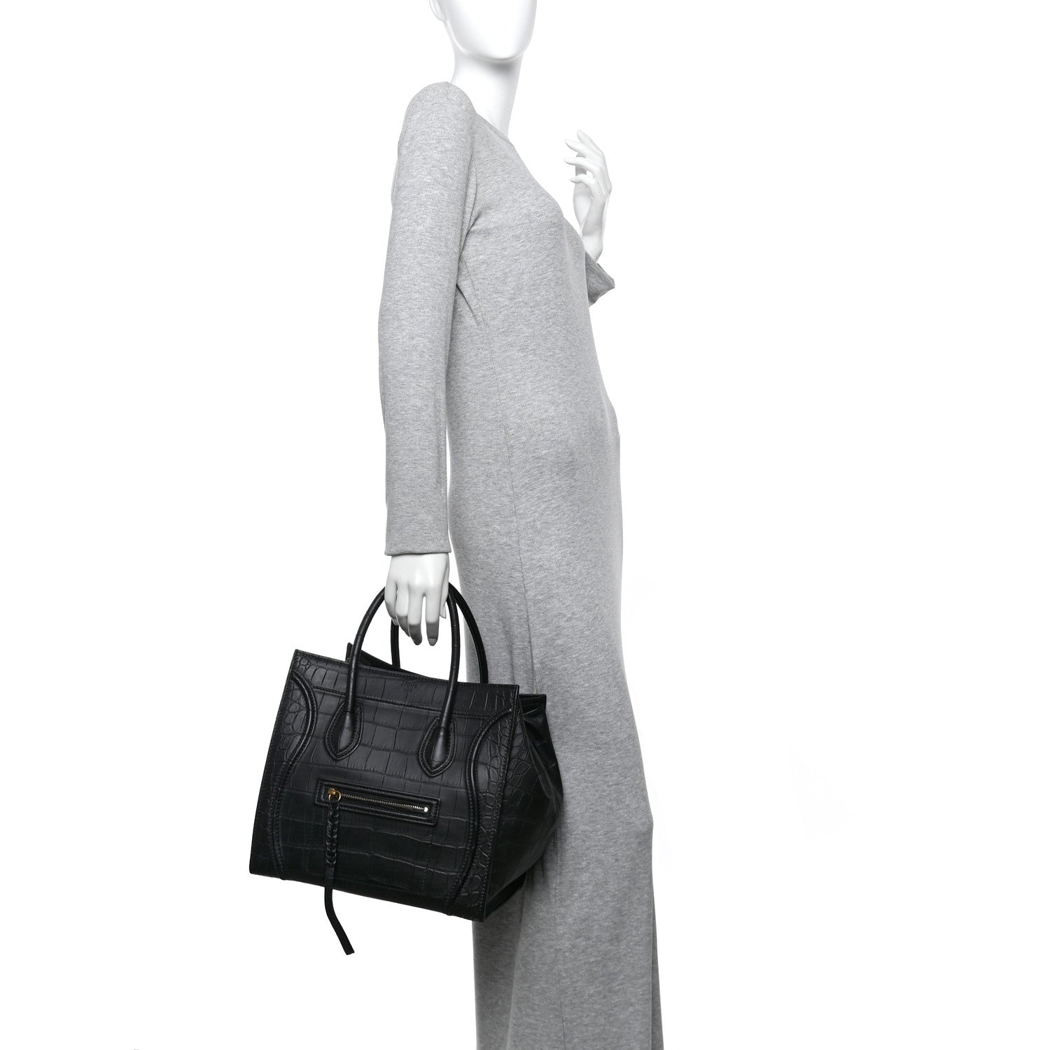 Celine Crocodile Embossed Calfskin Medium Phantom Luggage Black 2 of 13