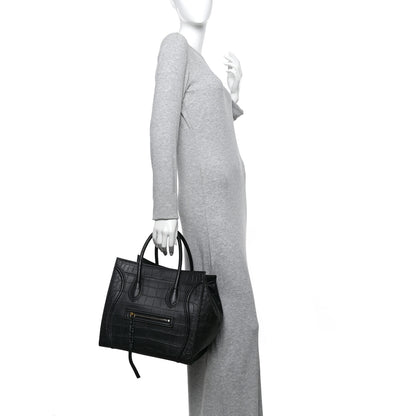 Celine Crocodile Embossed Calfskin Medium Phantom Luggage Black 2 of 13