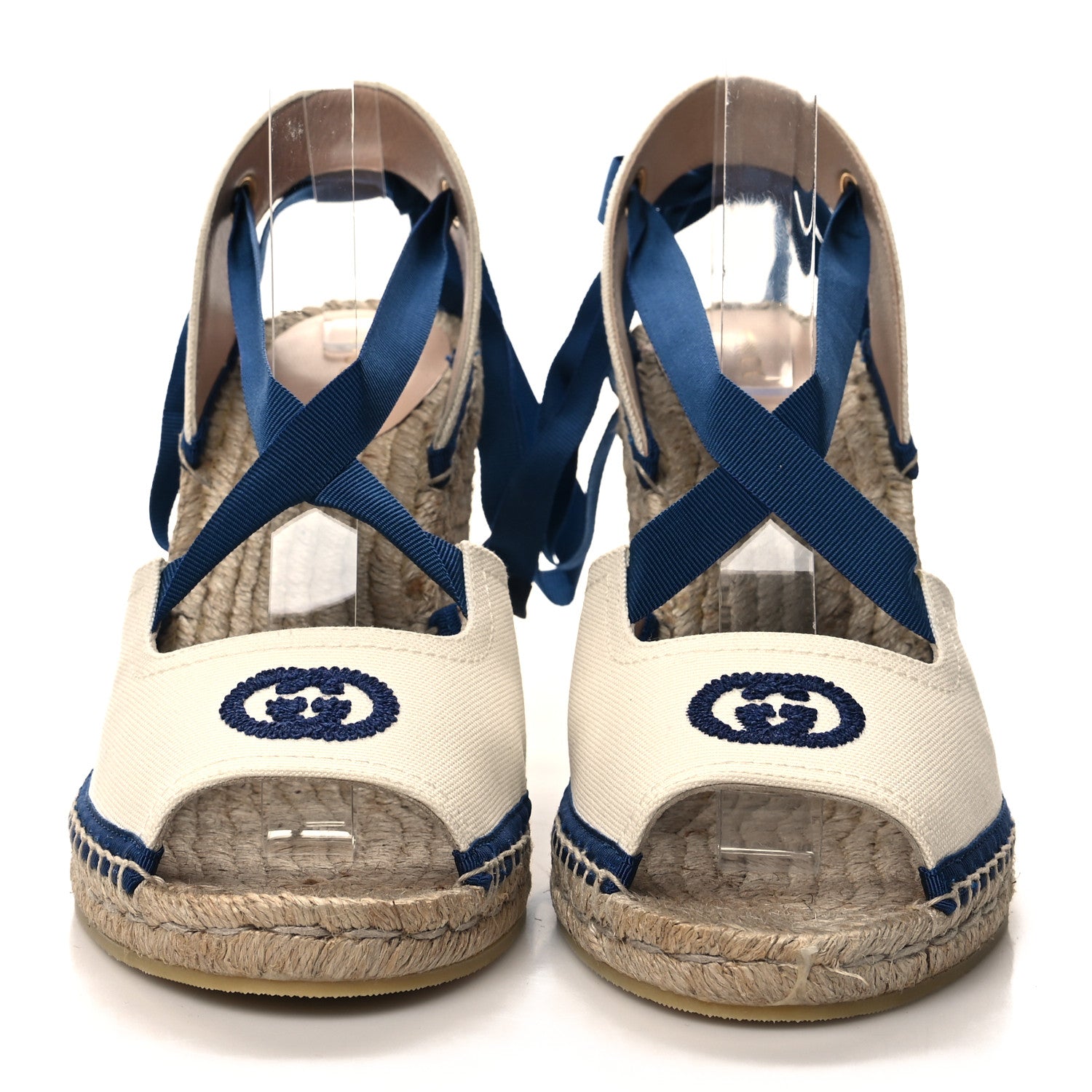 Gucci Canvas GG Ankle Wrap Platform Espadrille Wedges 40 Mystic White Royal Blue 2 of 8