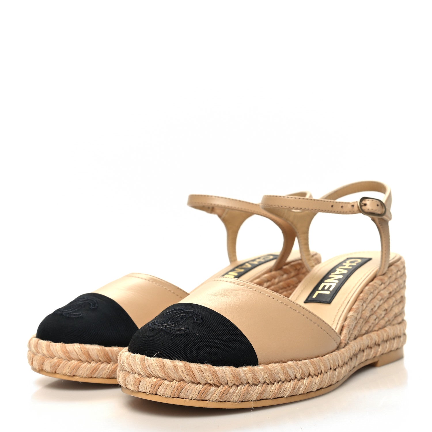 Chanel Lambskin Grosgrain CC Espadrilles Wedges 36 Beige Black 3 of 9