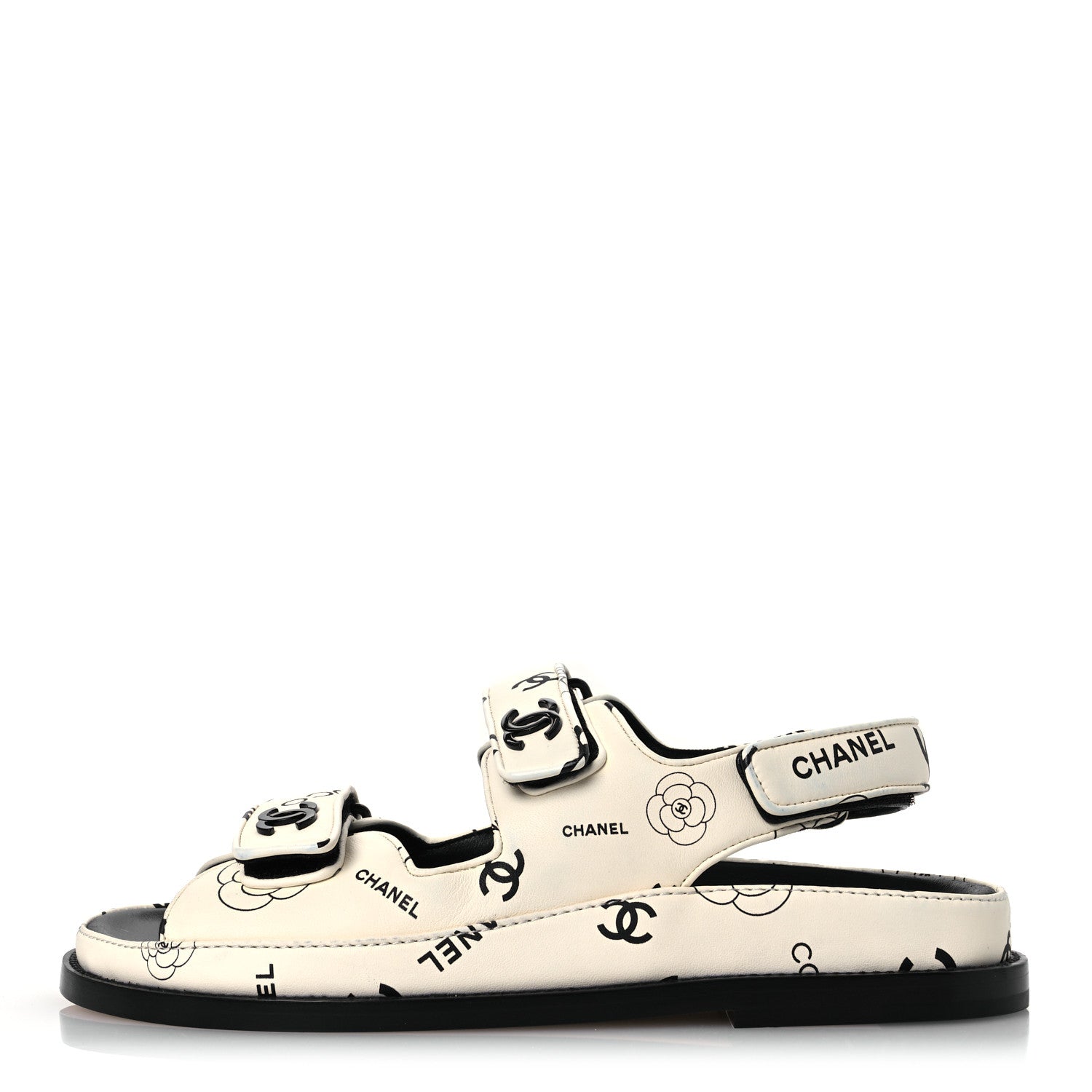 Chanel Lambskin Printed CC Velcro Dad Sandals 37.5 White Black