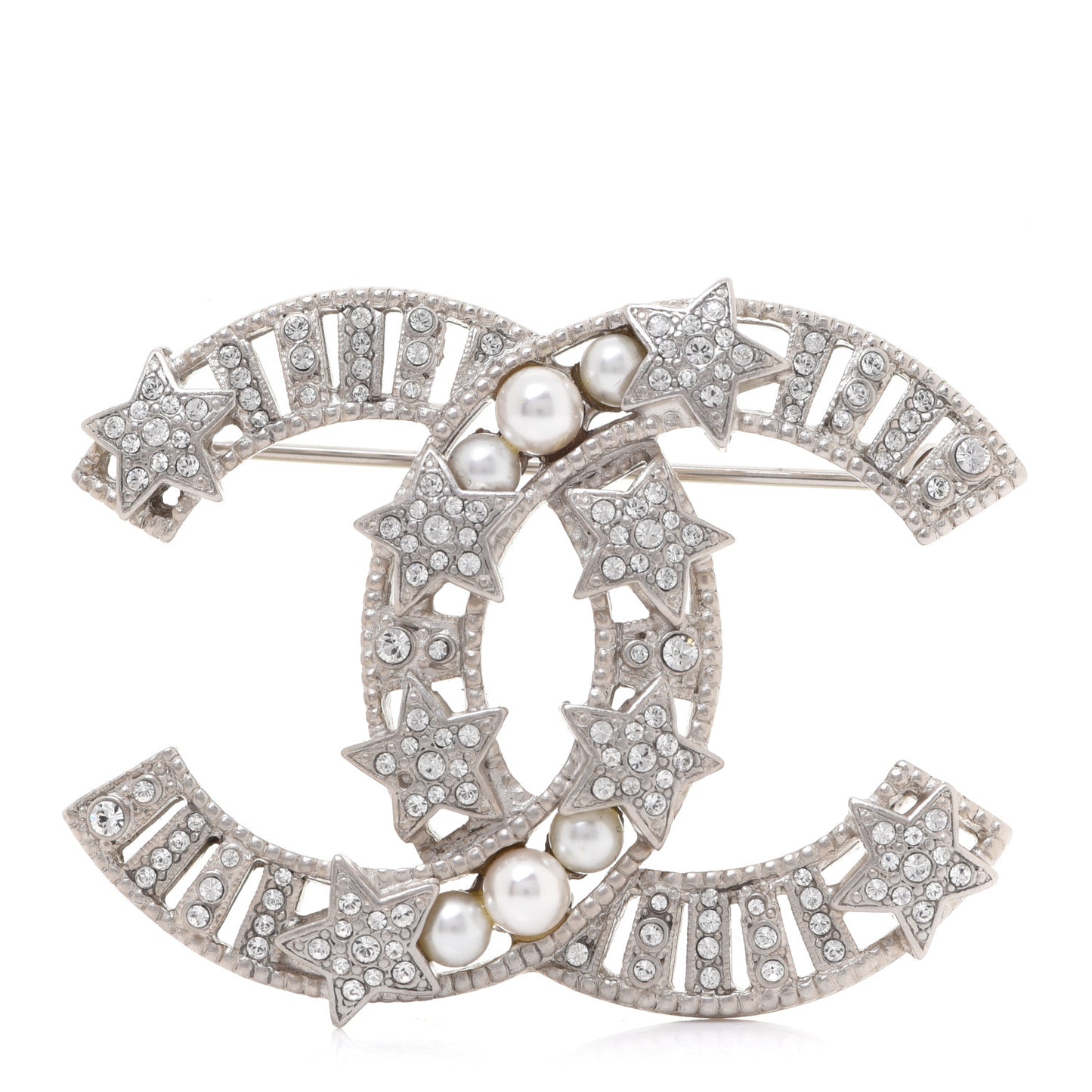 Crystal Pearl CC Star Coco Flapper Brooch Silver