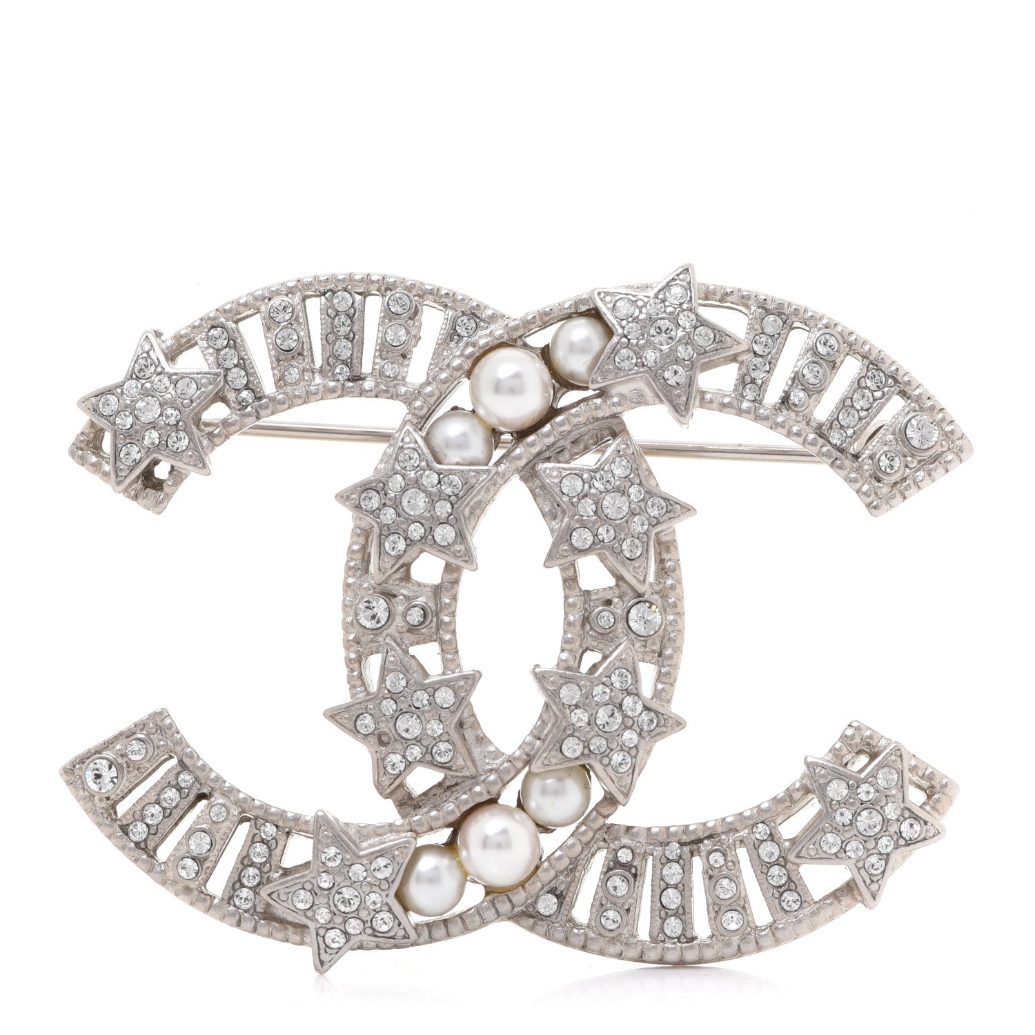 Chanel Crystal Pearl CC Star Coco Flapper Brooch Silver 1 of 5