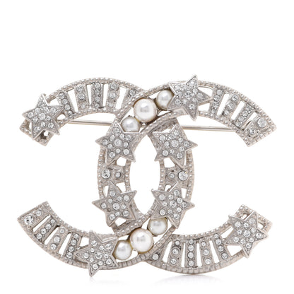 Chanel Crystal Pearl CC Star Coco Flapper Brooch Silver 1 of 5