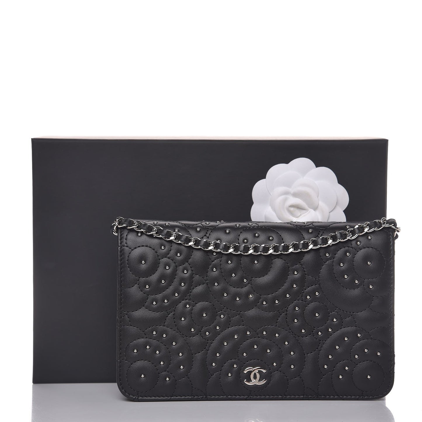Lambskin Camellia Studded Wallet on Chain WOC Black