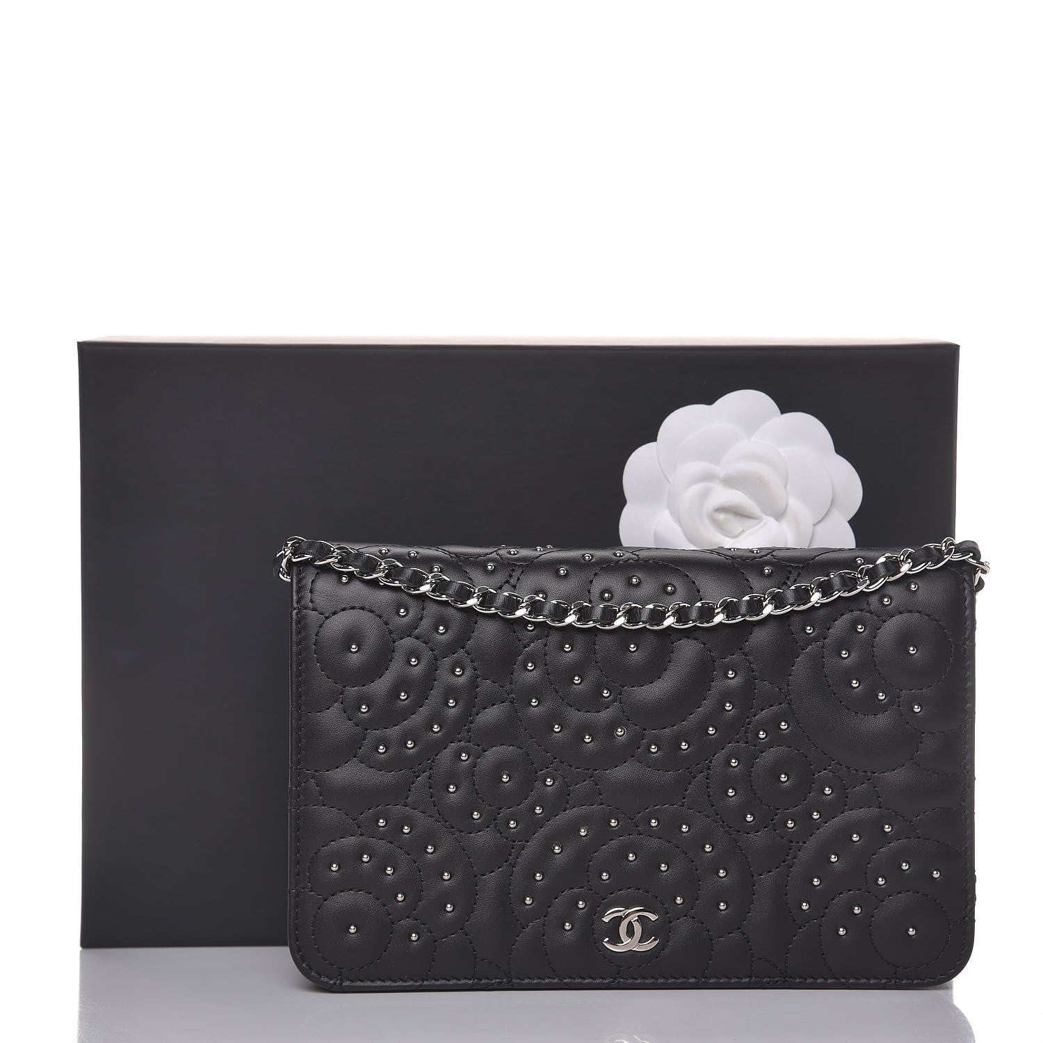 Chanel Lambskin Camellia Studded Wallet on Chain WOC Black 9 of 9