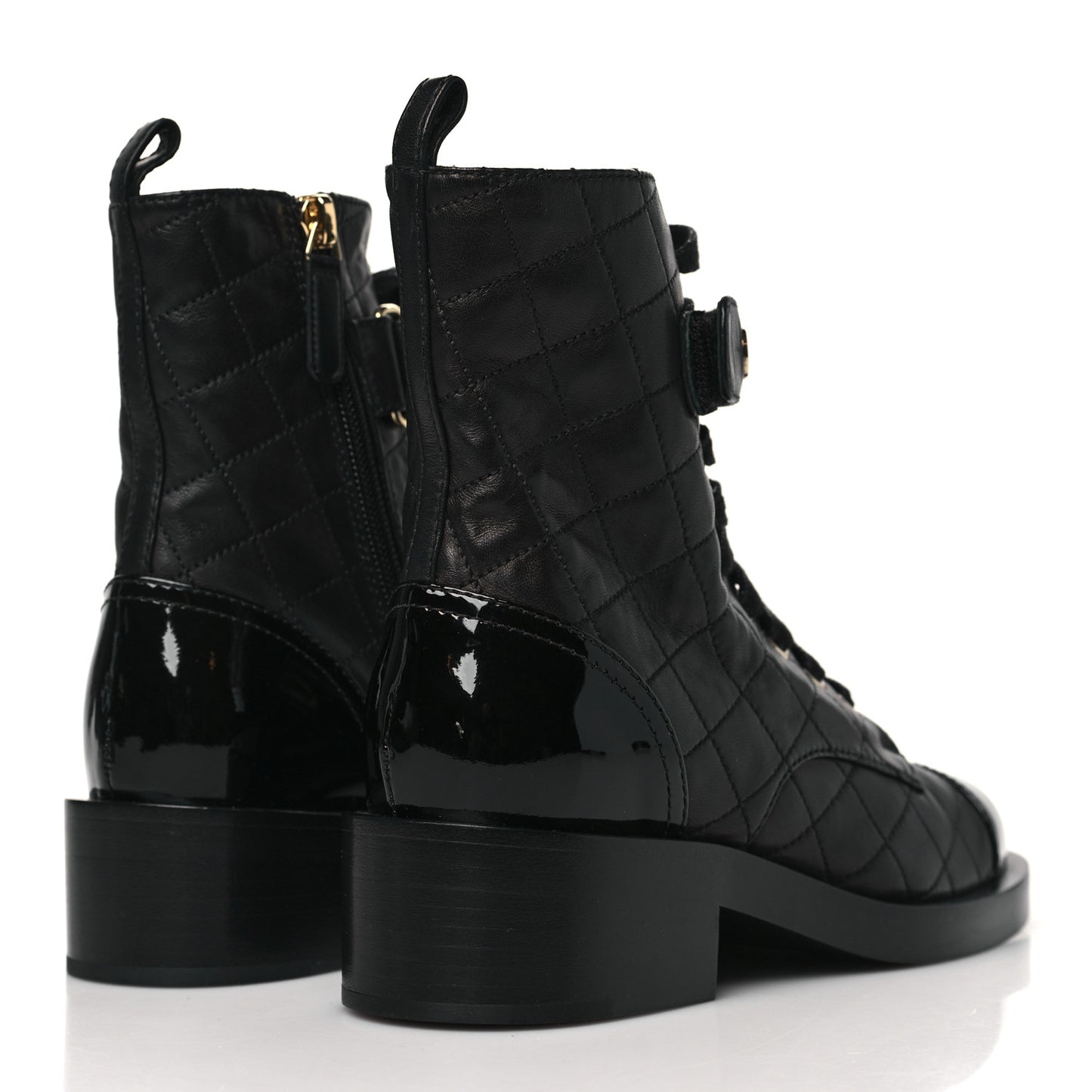 Lambskin Patent Calfskin Quilted Logo Lace Up Combat Boots 36 Black