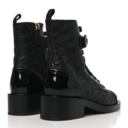 Chanel Lambskin Patent Calfskin Quilted Logo Lace Up Combat Boots 36 Black 4 of 9