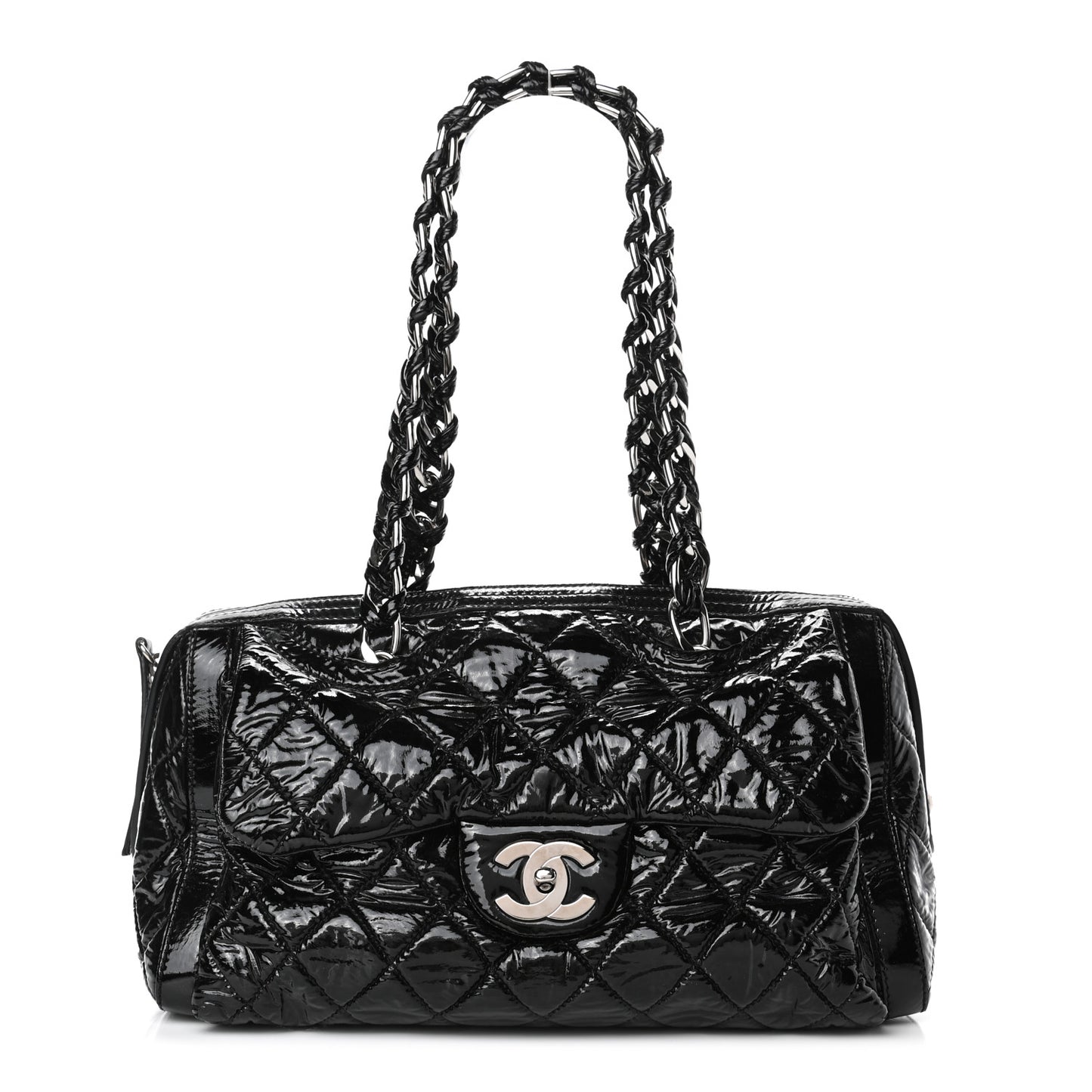 Patent Quilted Day Glo Flap Bag Black