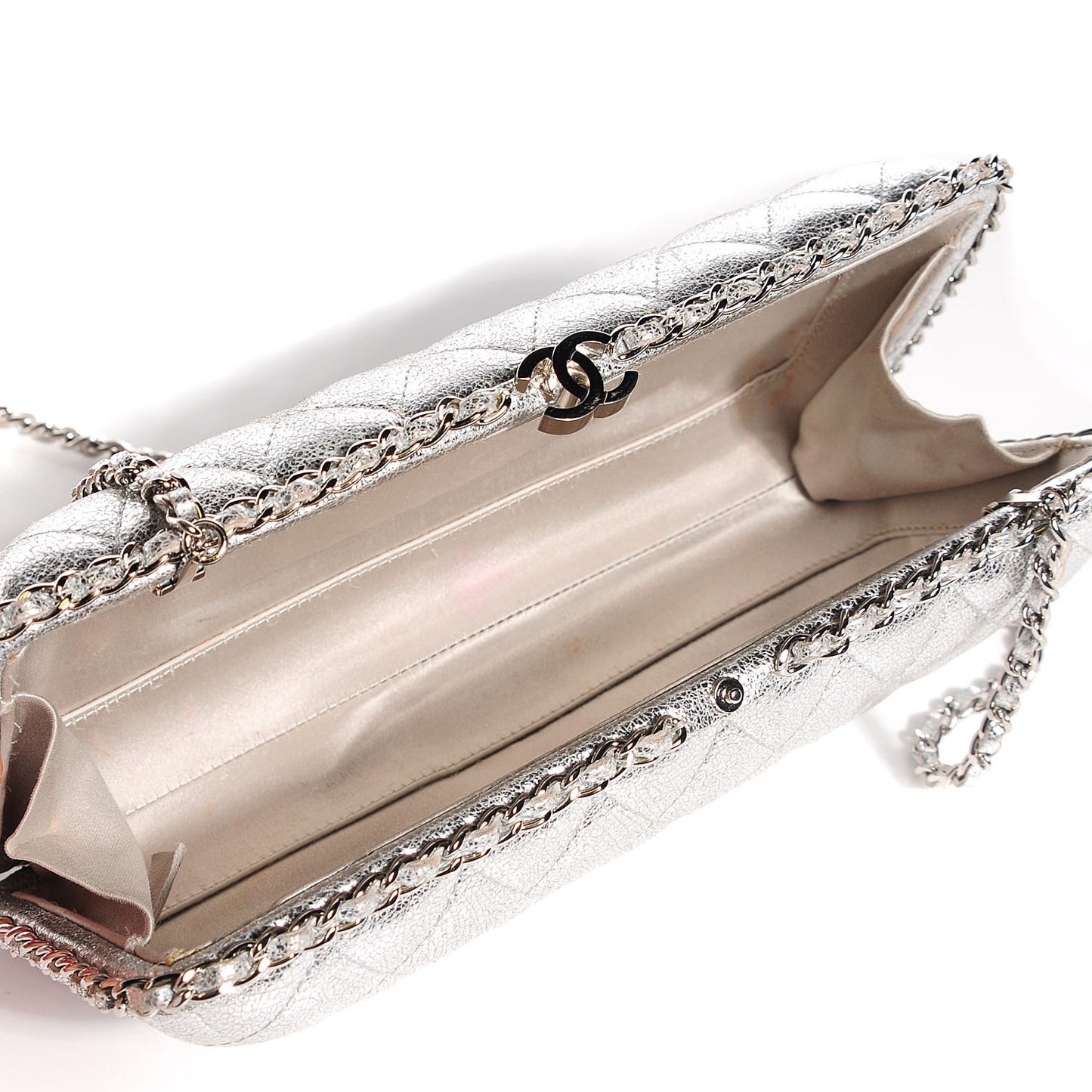 Metallic Lambskin Small Chain Around Clutch Silver