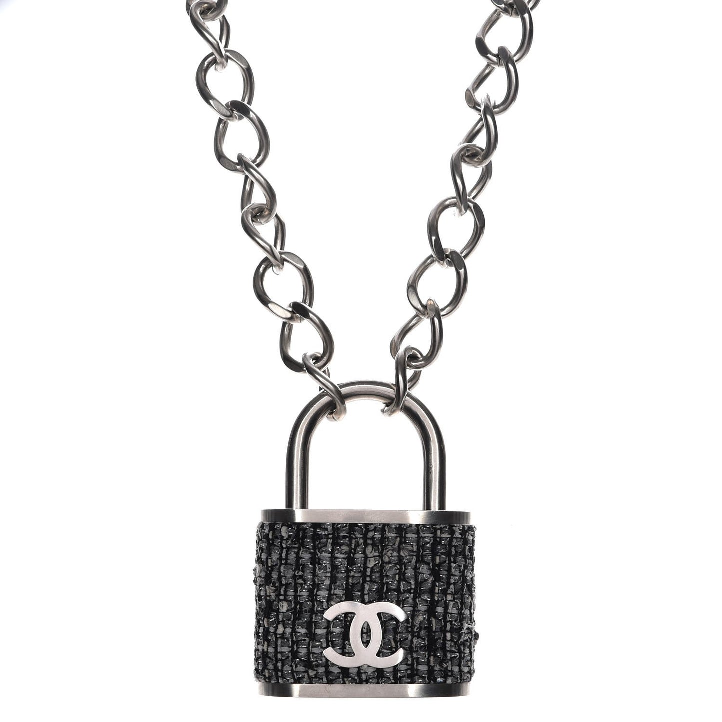 Tweed CC Oversized Padlock Chain Necklace Black Silver
