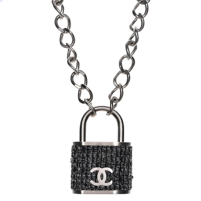 Chanel Tweed CC Oversized Padlock Chain Necklace Black Silver 1 of 5