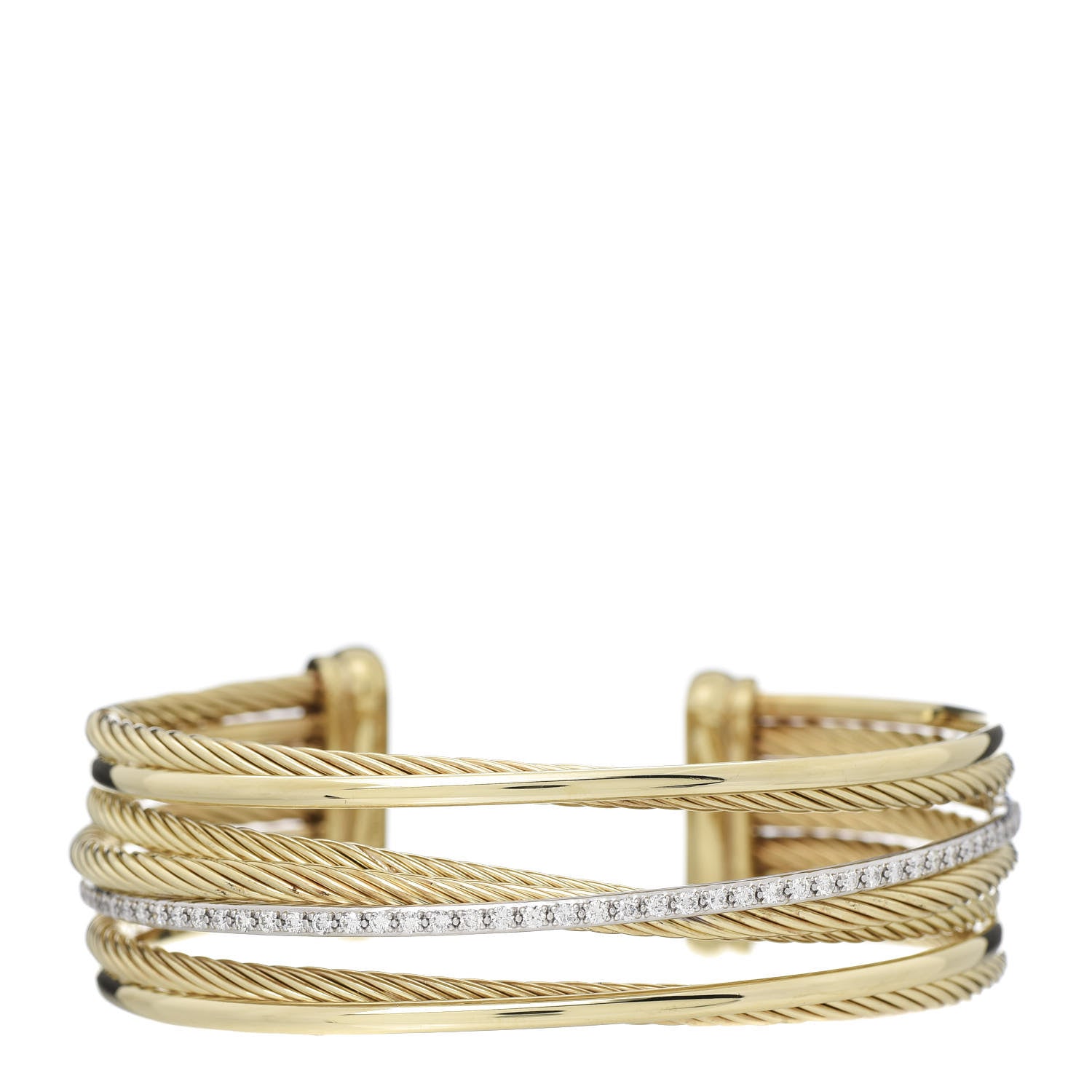David Yurman 18K Yellow Gold Diamond Crossover Four Row Cuff Bracelet 1 of 4