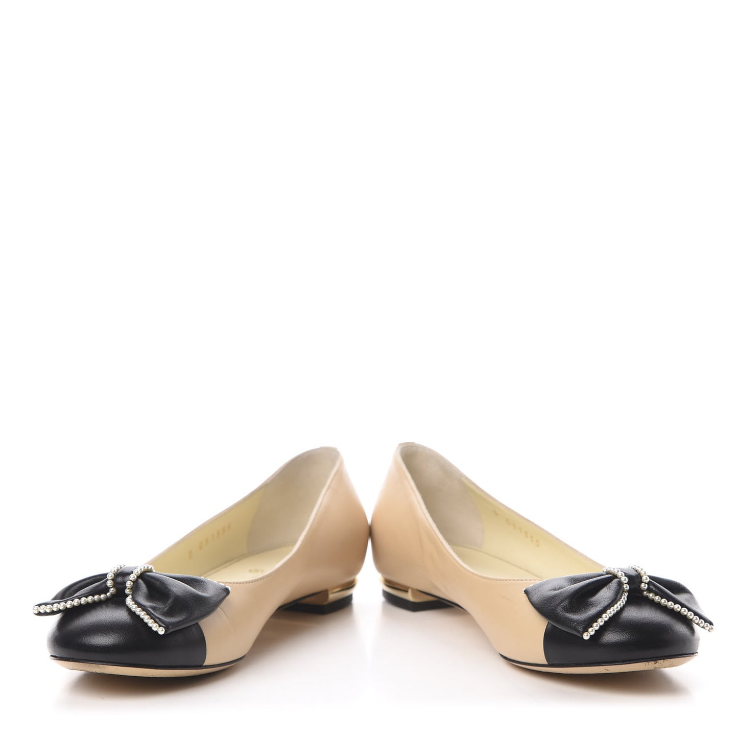 Lambskin Pearl Bow Ballerina Flats 37 Beige Black