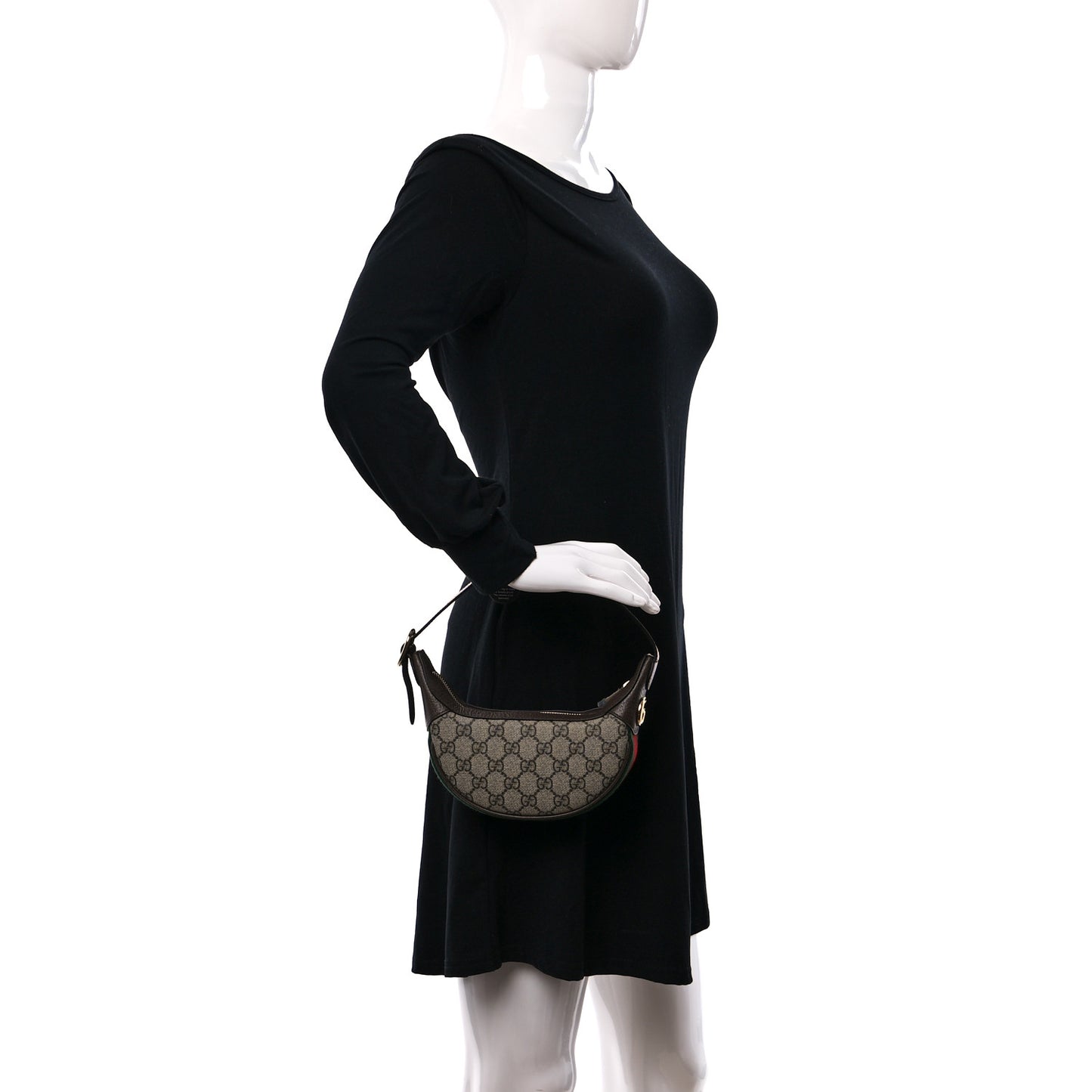 GG Supreme Monogram Textured Calfskin Web Mini Ophidia Half Moon Hobo Beige Ebony New Acero