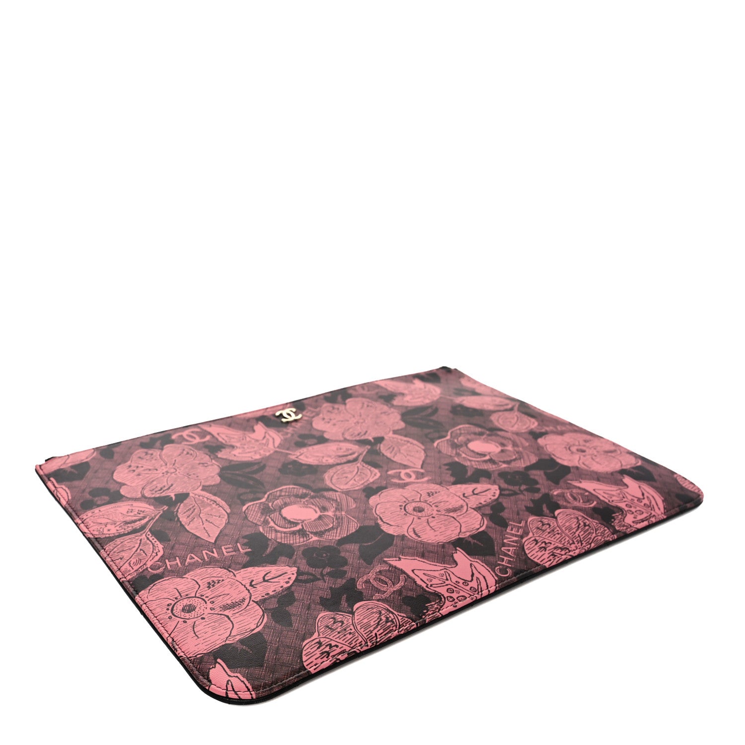 Chanel Coated Canvas Lambskin Quilted Large Camellia Cosmetic Case Pink Black 4 of 10