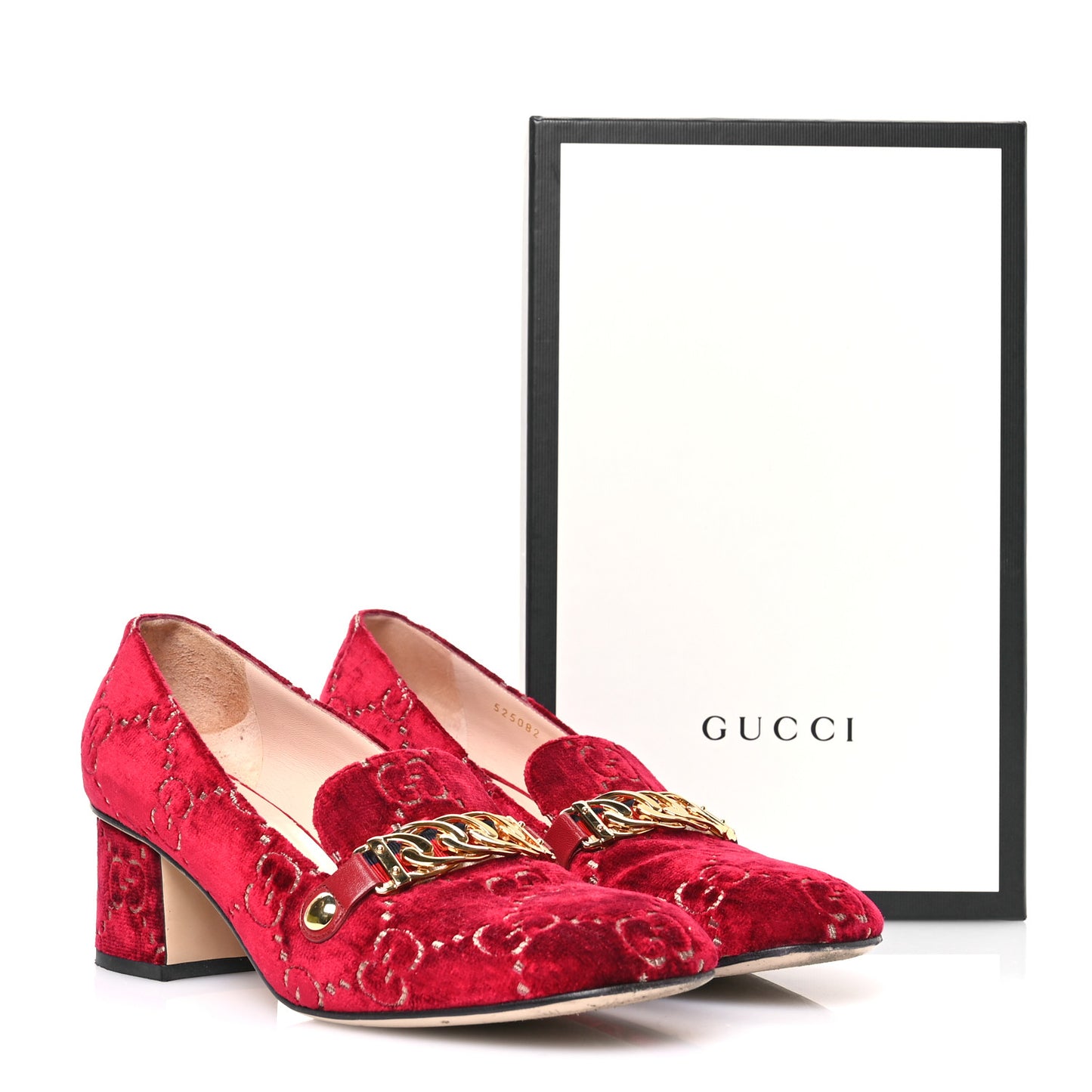 Velvet GG Monogram Sylvie Web Chain Mid Heel Loafers 40 Red Cipria