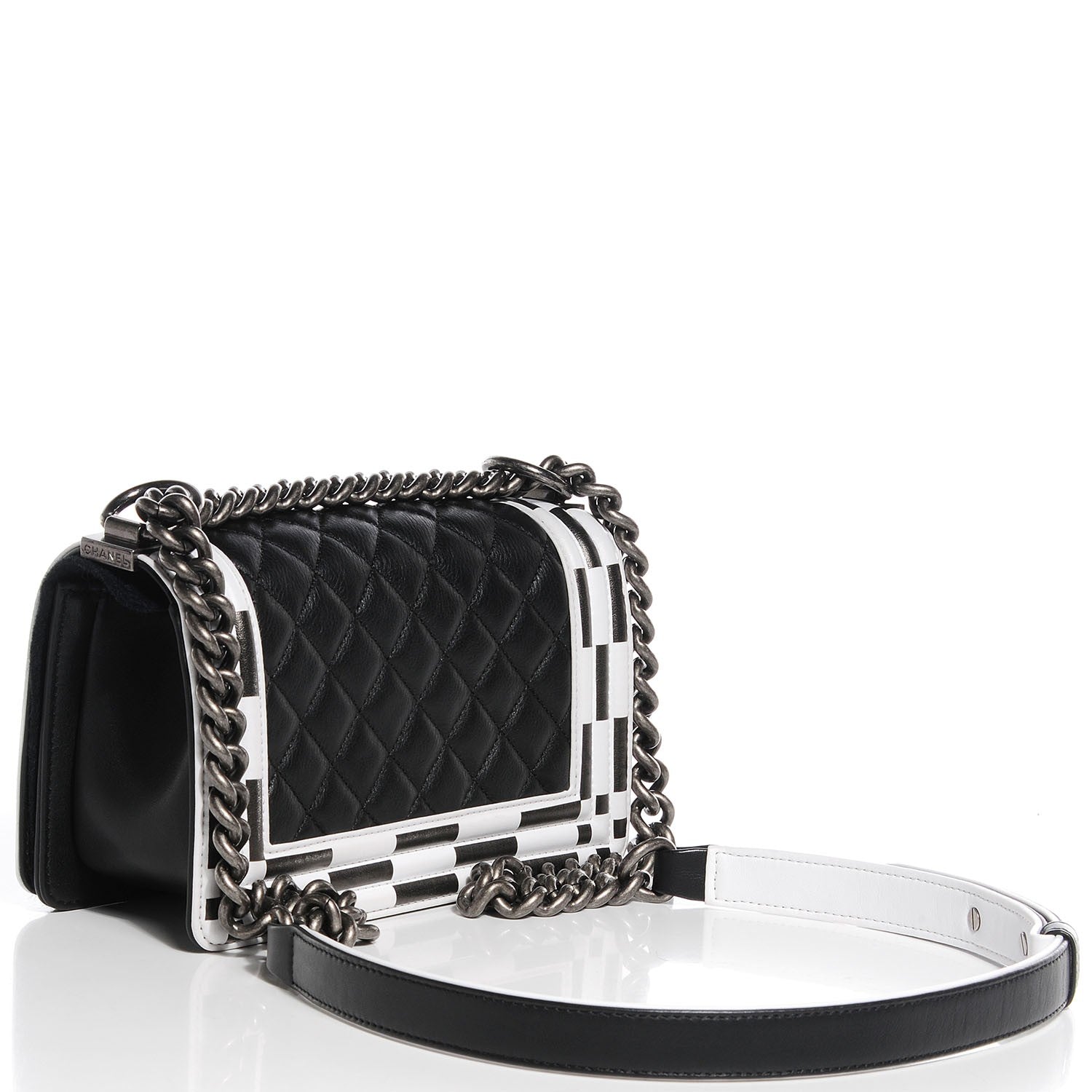 Chanel Calfskin Checkerboard Trim Small Boy Flap Black White 3 of 8