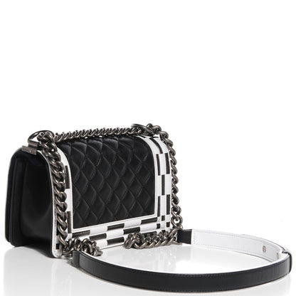 Chanel Calfskin Checkerboard Trim Small Boy Flap Black White 3 of 8