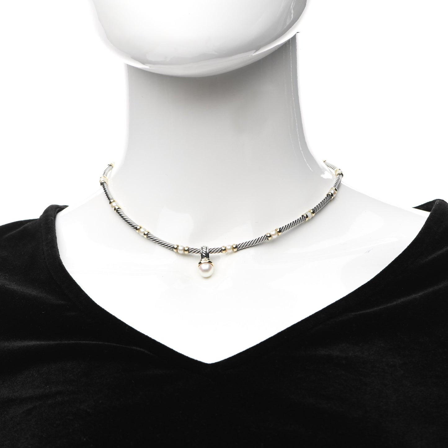 Sterling Silver 18K Yellow Gold Diamond Pearl Hampton Cable Choker Necklace